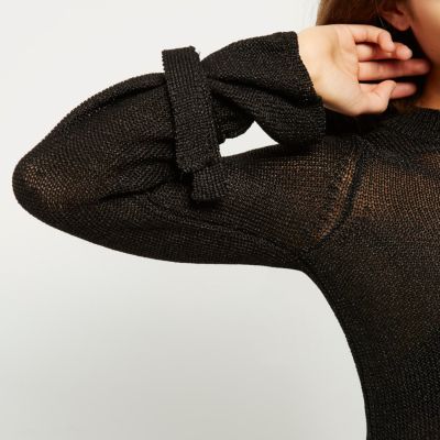 Black tie cuff textured knit top